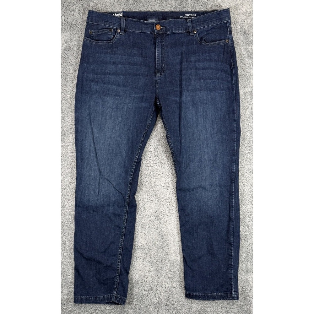 Mugsy Fultons Jeans Mens 42x29* Blue Denim Stretch Straight Leg Whiskers Fade